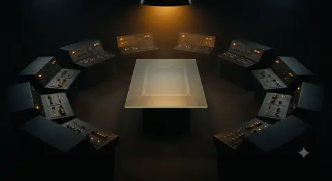 A dark control room: a semicircle of analog consoles around an empty glass table lit from above in amber.