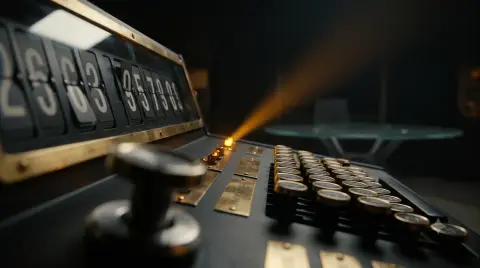 Close-up of the Analyst console: a split-flap display and mechanical keys in amber light.