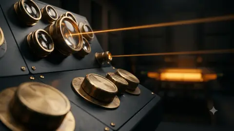 The UI Architect console with rotary selectors; a thin beam of light falls onto the glass table.
