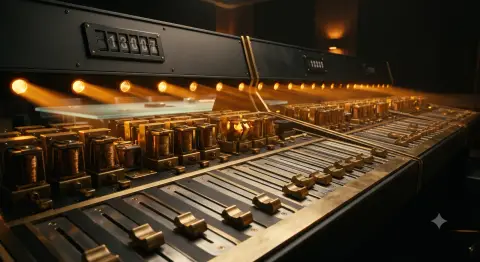 The largest section of the desk — Developer consoles with banks of sliders and switching relays.