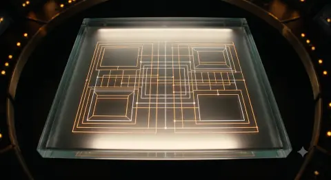 Overhead view of the glass table with an interface wireframe glowing inside it as a light projection.