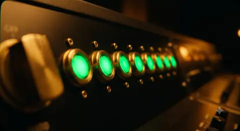 The Tester console with a row of analog indicator lamps — every one of them lit green.