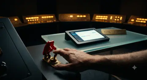 A human hand above a brass switch under a safety cover; a tablet rests on the table.