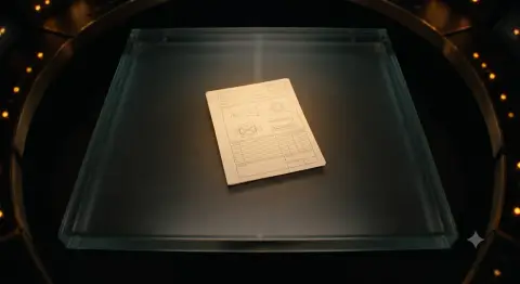 The empty glass table from above with a single document on it — ready for the next brief.